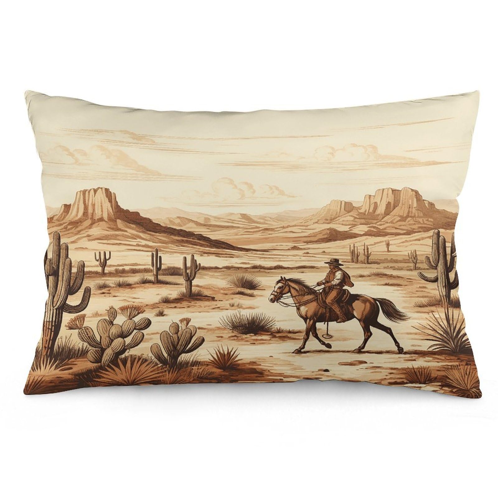 West Desert Cactus with Cowboys Riding Horses Throw Pillow Cover Soft Pillow Case Decorative Lumbar Pillow Cover Cozy Throw Pillowcase Polyester Rectangular Cushion Case Decor for Couch Sofa Bed