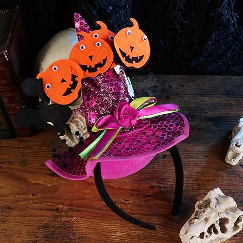 Vista 4 de TOYANDONA - 2 diademas de calabaza para Halloween, con lentejuelas rojas y negras y rosas, para niños o adultos
