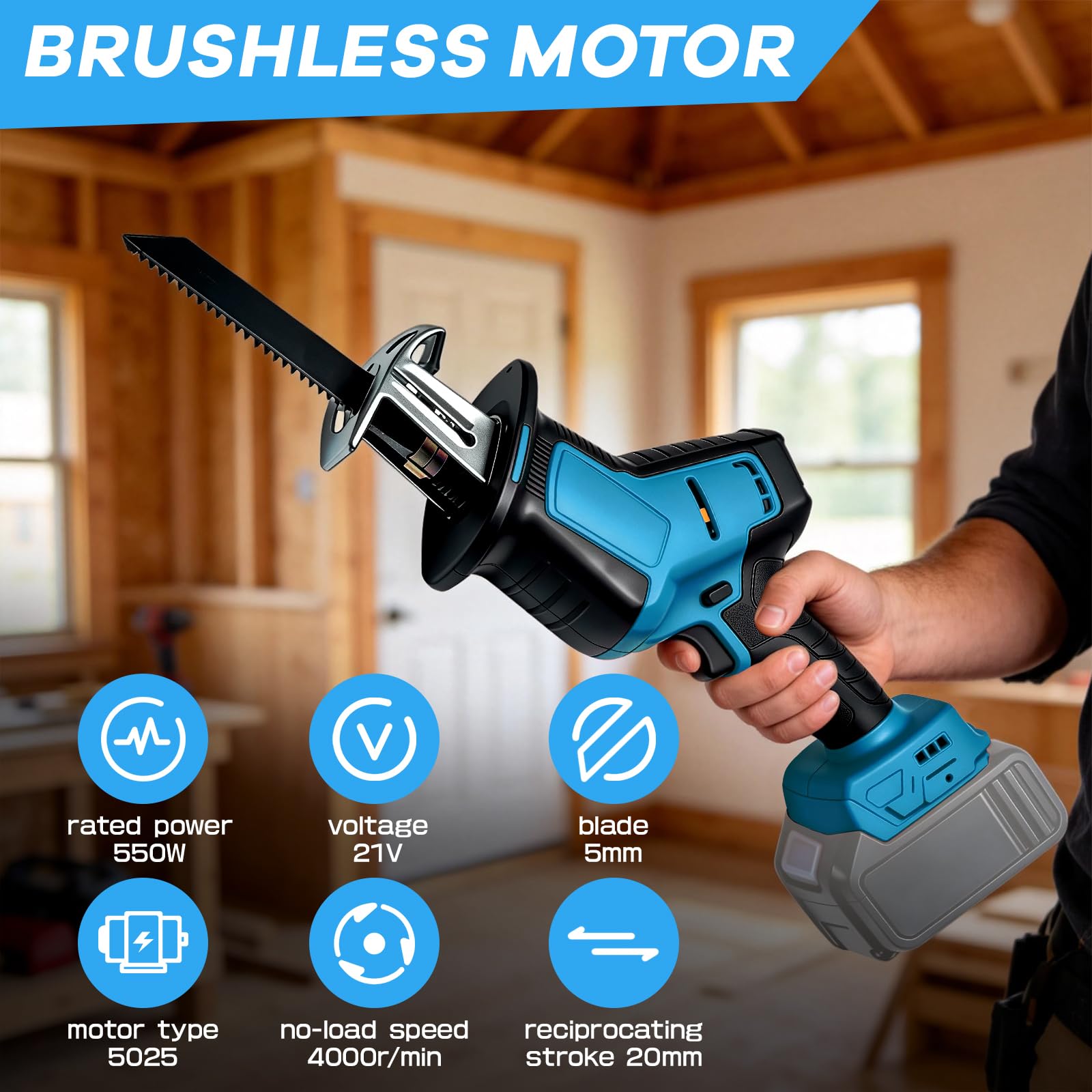 Sierra de sable con batería, compatible con batería Makita de 18 V (sin batería), 4000 SPM sin escobillas con 4 hojas de sierra y maletín de plástico, para cortar madera y PVC