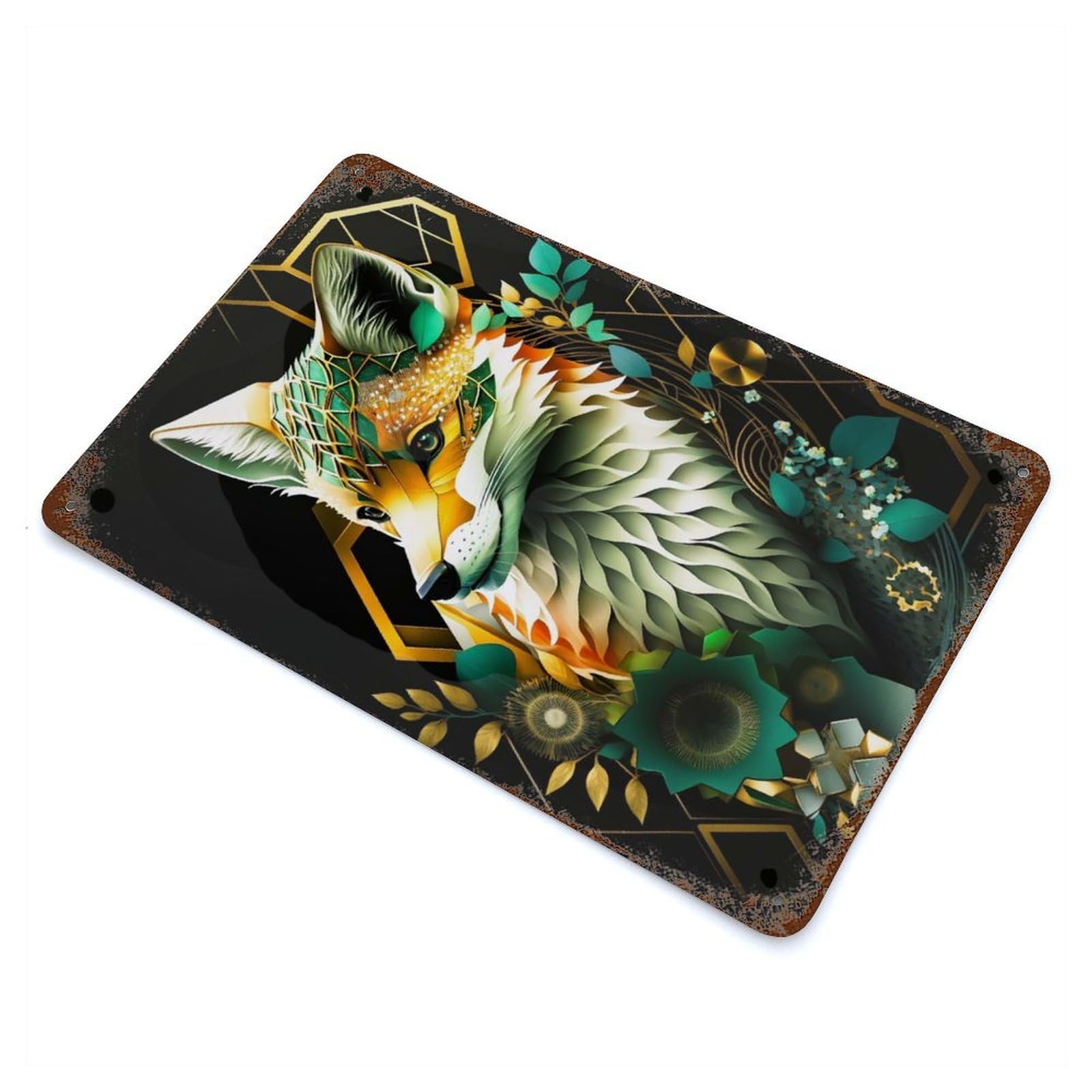 Abstract Fox 11.8"x7.9" Rust Effect Tin Sign, Industrial Home Decor for Living Room, Hallway And Home Decor