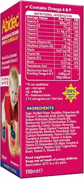 Abidec Kids Multivitamin Syrup with Omega 6 and 9 Raspberry 150ml | For children aged 1-5. 12 essential vitamins support immunity, bones, teeth and the nervous system. Raspberry flavour