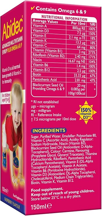 Abidec Kids Multivitamin Syrup with Omega 6 and 9 Raspberry 150ml | For children aged 1-5. 12 essential vitamins support immunity, bones, teeth and the nervous system. Raspberry flavour