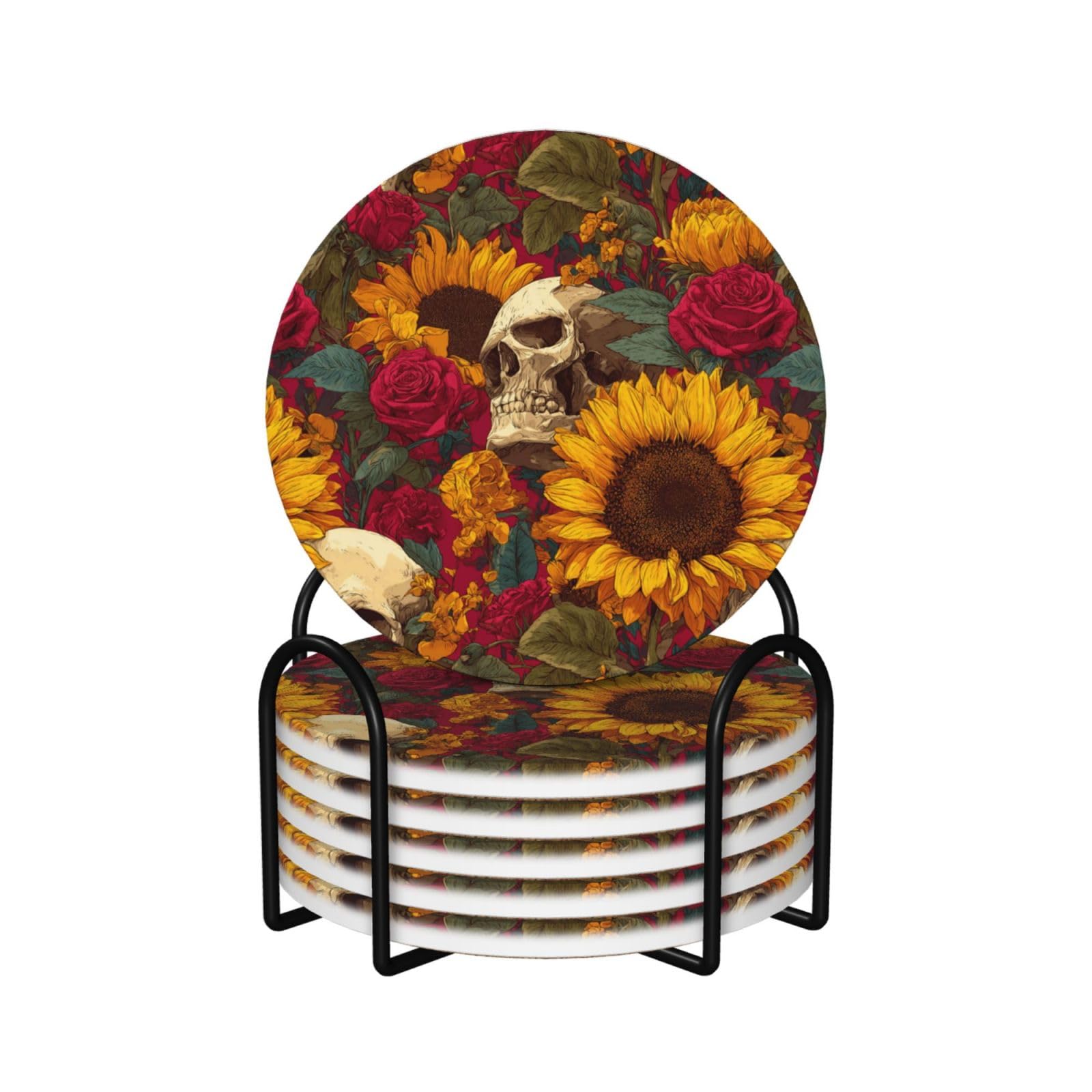Sunflowers Roses Skull Ceramic Coasters with Holder 6ps