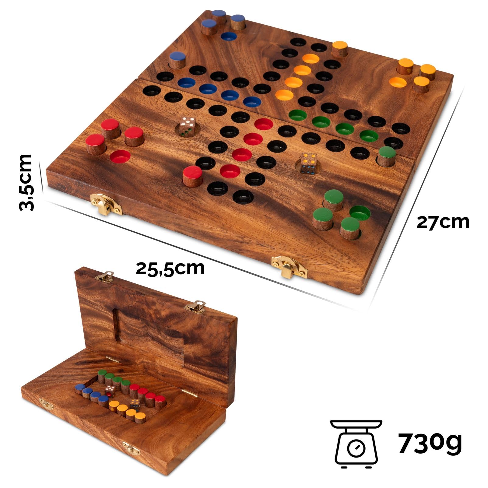 LOGOPLAY Ludo L składana drewniana ze złotym metalowym zamknięciem – klasyczna gra w kości dla 2-4 graczy | wysokiej jakości gra towarzyska i podróżna dla dzieci i dorosłych