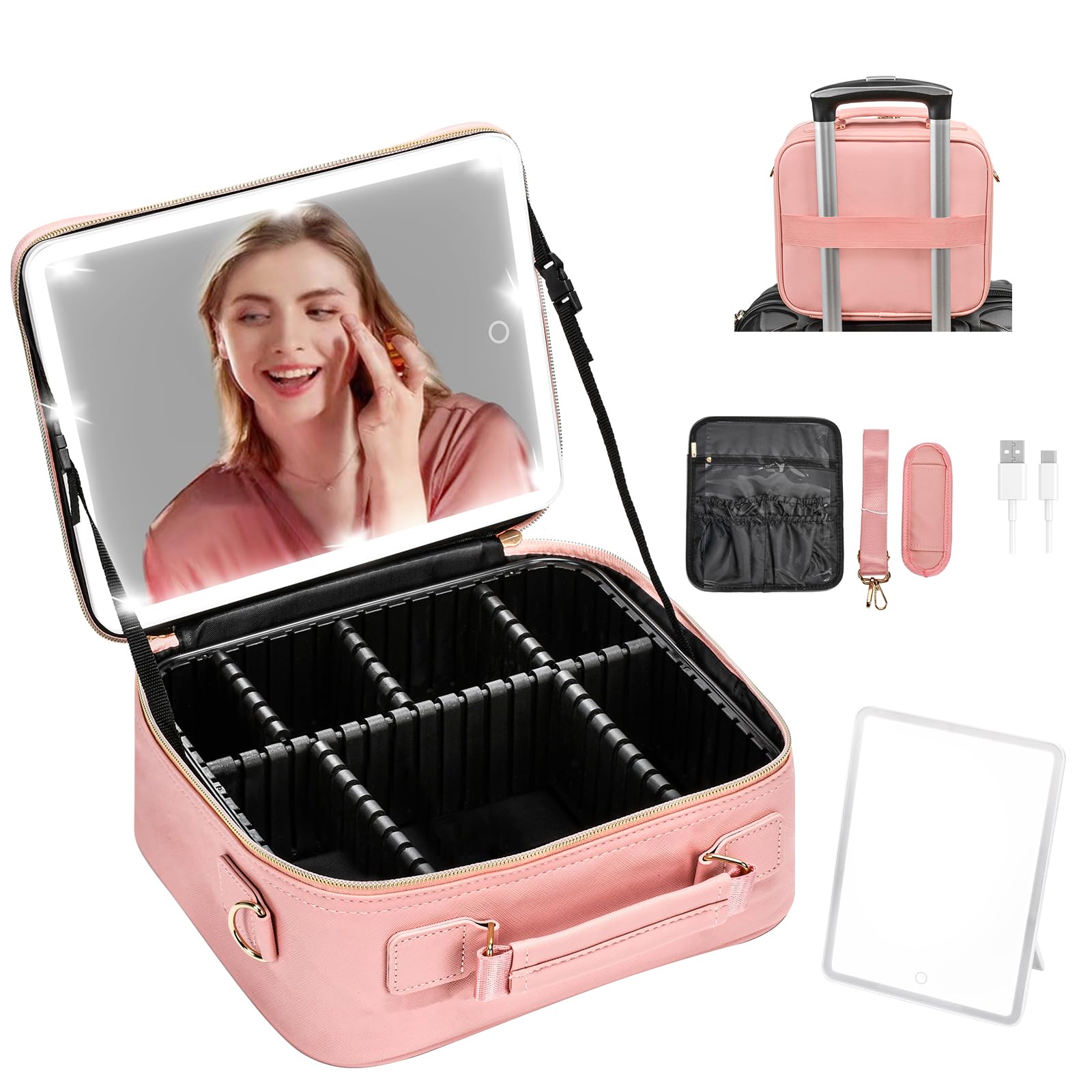 TOPACK Bolsa de maquillaje de viaje con espejo LED, estuche de tren de maquillaje portátil, ajuste tricolor, bolsa organizadora de