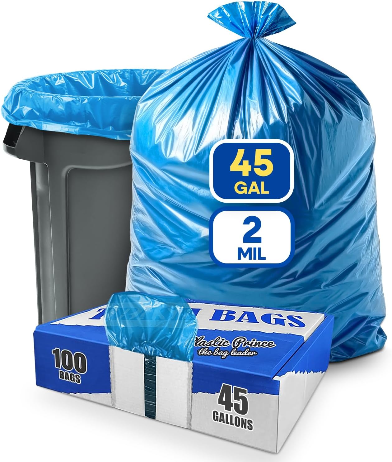 PLASTIC PRINCE 40-45 Gallon Trash Bags 2 Mil Heavy Duty Large Trash Bags Fit Rubbermaid Brute Rollout Round and Square 32-44 gal Trash Cans 40" x 46" Outdoor Garbage Bags, Blue Pack of 100