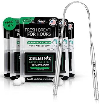 Zelmins Tongue Scraper for Odor-Free Breath + Spearmint 5 Pack Long Lasting Bad Breath Treatment for Adults, Dual-Handle Oral Hygiene Tool for Fresh Breath Before Meals & Meetings