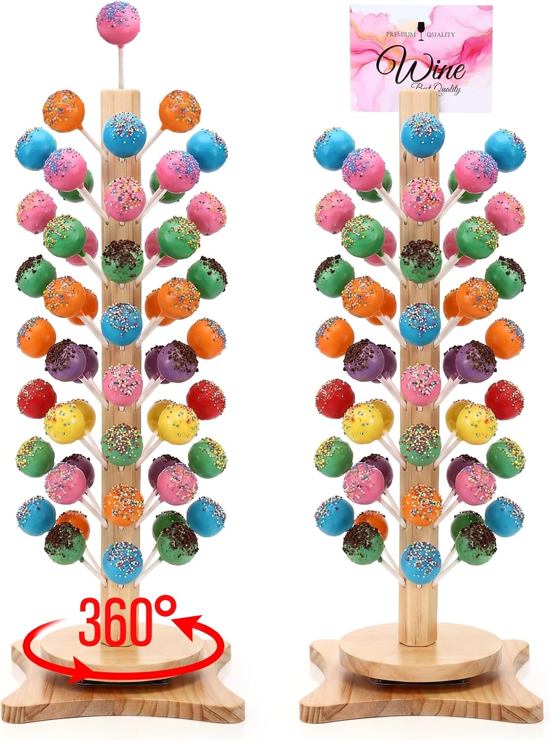 Lallisa 2 Pack Wood Cake Pop Stand with Spinning Base, 50 Holes Wooden Lollipop Tree Holder Stand, Decorative Cake Candy Display Dessert Holder, for Wedding Baby Showers Anniversaries Birthday Party