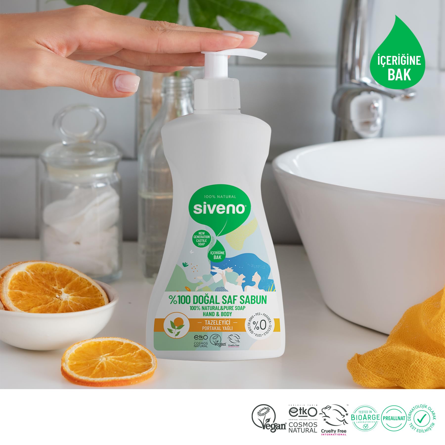 Siveno%100 Doğal Sıvı Kastil Sabun Portakal Yağlı Tazeleyici Nemlendirici Arındırıcı Bitkisel Vegan 300 ml