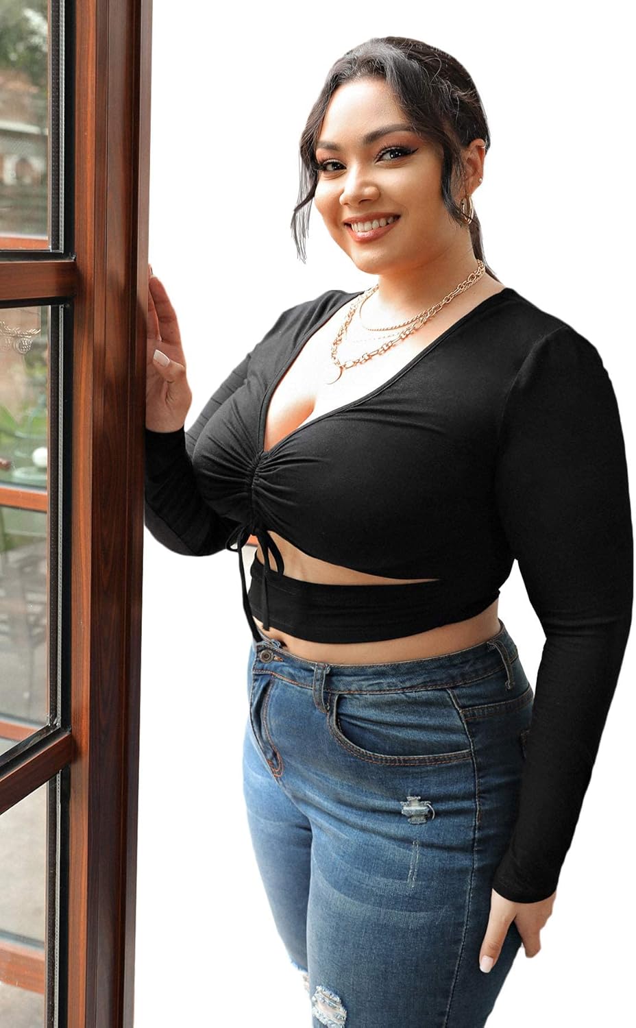 OYOANGLE Women's Plus Size Solid Long Sleeve V Neck Cut Out Tie Front Ruched Slim Fit Crop Tee Top - Image 3