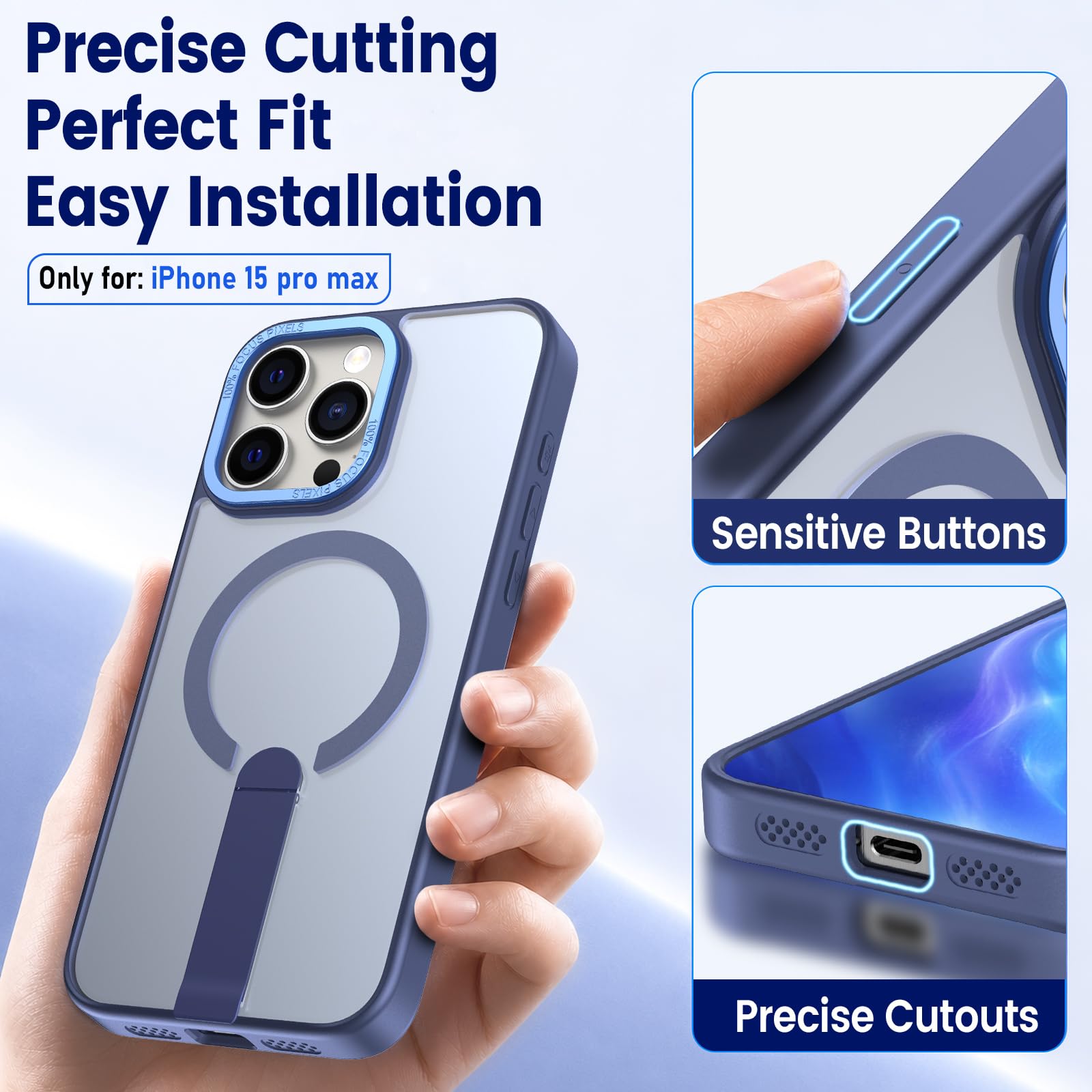 Cover magnetica per iPhone 15 con MagSafe & 2 lenti temperate, custodia antiurto con magnete N52, ultra leggera con supporto in metallo e rivestimento anti-impronta blu