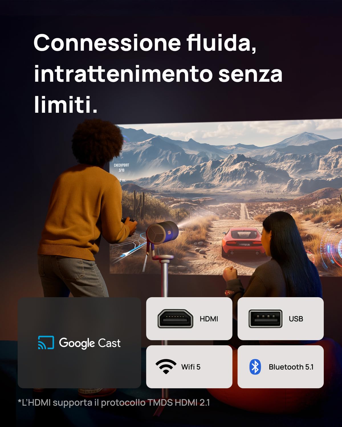 XGIMI MoGo 4 2025 NUOVO Proiettore Portatile con Base PowerBase, 5 Ore di Autonomia, Google TV con Netflix con Licenza, Supporto Regolabile a 360°, 450 Lumen ISO, 2 x 6W Harman Kardon