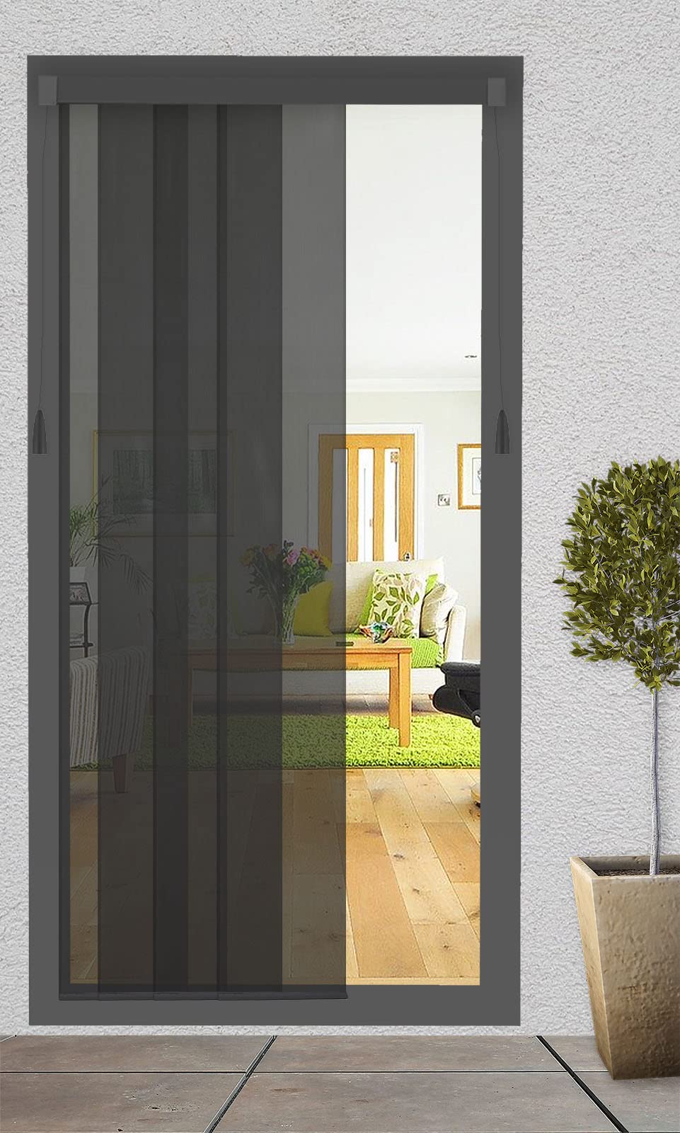 APANA - Premium Fiberglas Lamellenvorhang mit Seilzugsystem in der Farbe schwarz - Insektenschutz zum Zuschneiden für Türen bis 114cm x 220cm