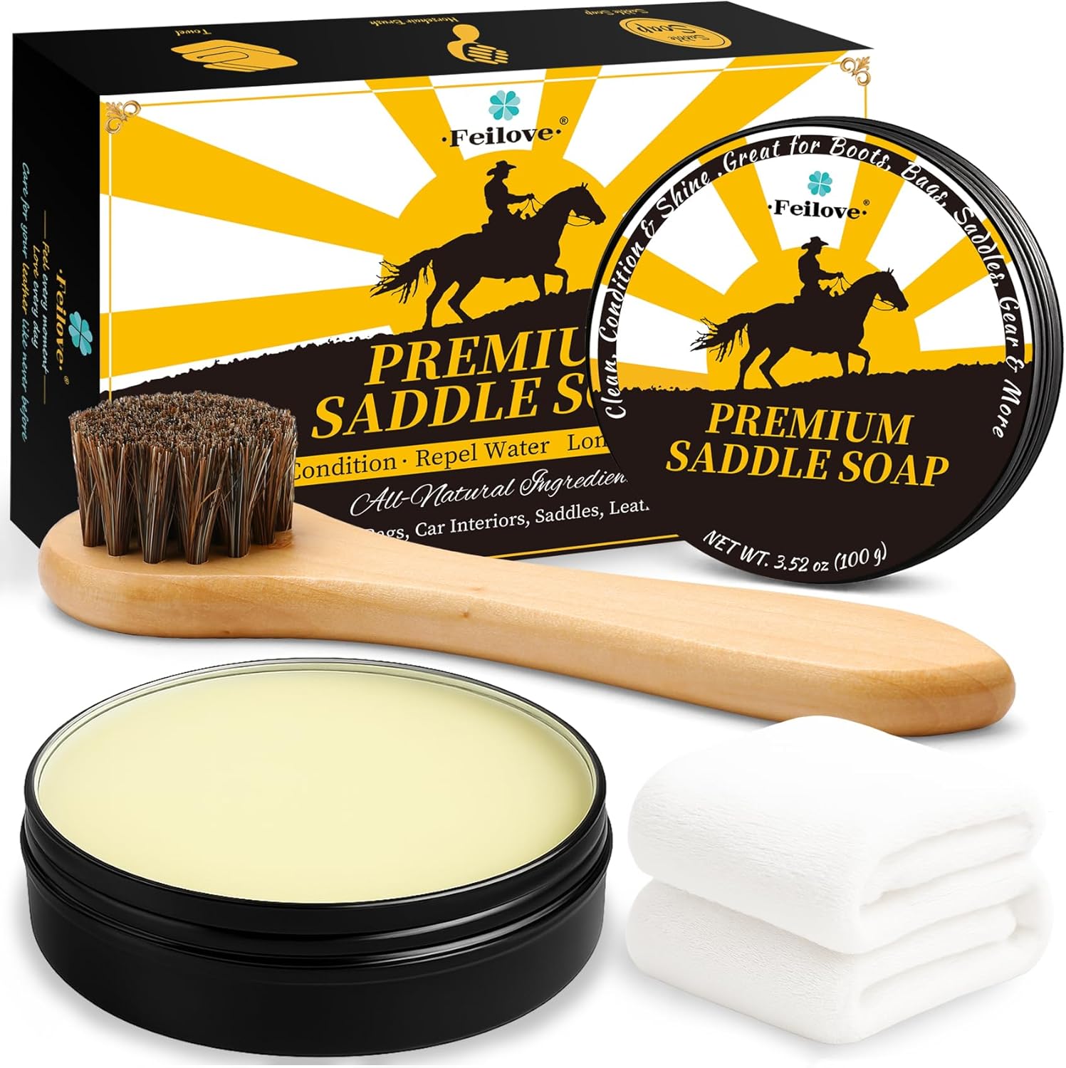 Saddle Soap for Leather – All-Natural 3-in-1 Leather Cleaner & Conditioner Kit with Horsehair Brush & Cloth – For Boots, Bags, Saddles, Car Interiors, Shoes 3.52oz