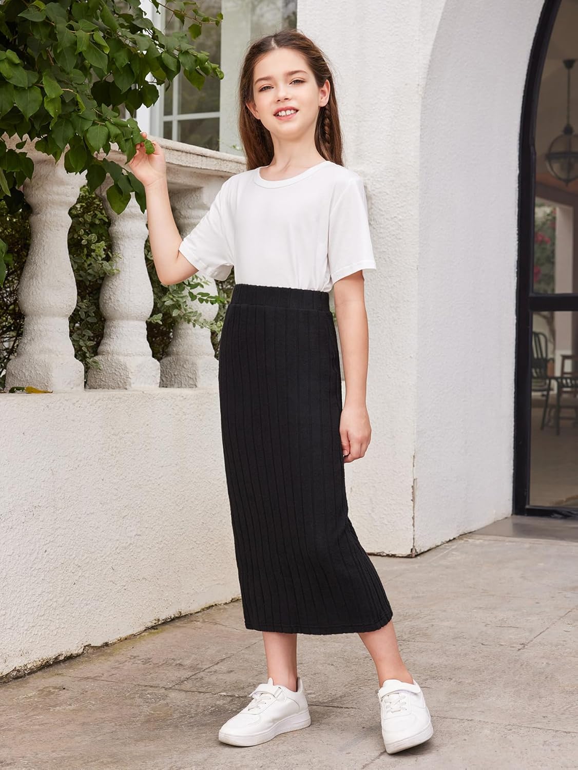 Milumia Girl's Rib Knit Split Thigh Long Skirt Elastic Waist Solid Pencil Skirts - Image 6