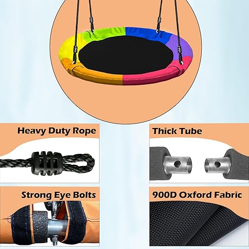 Miniatura 9 de Juego de columpio de árbol de platillo azul de 40 pulgadas para niños y adultos, capacidad de peso de 500 libras, impermeable, asiento de tela de
