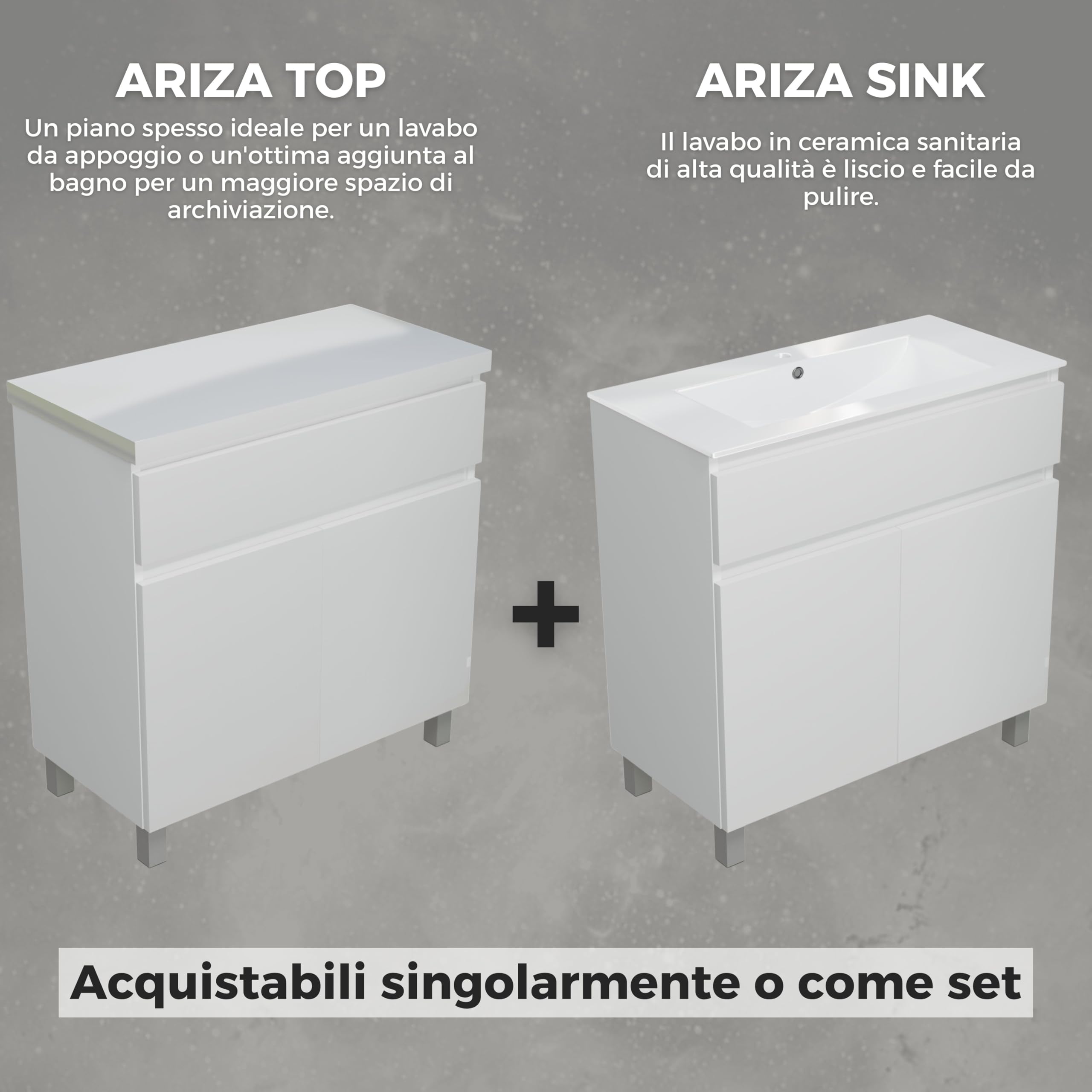 Lavabo ARIZA con mobile largo 80 cm, Lavabo con mobile a 2 ante, Set di mobili da bagno - Bianco opaco/Fronte bianco brillante