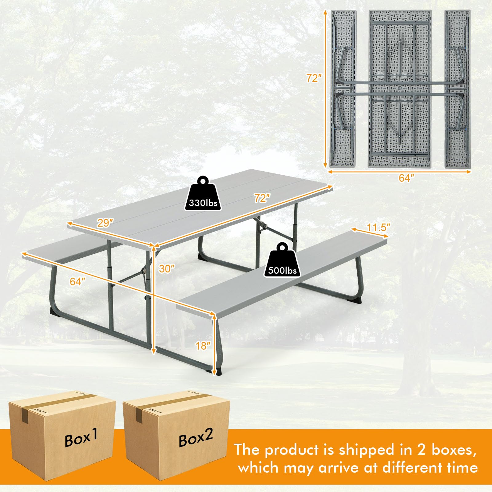 GIANTEX Set tavolo da picnic con panchine, set di mobili da giardino pieghevole per 8 persone con telaio in metallo piano in HDPE, 183 cm foro per ombrellone, grigio