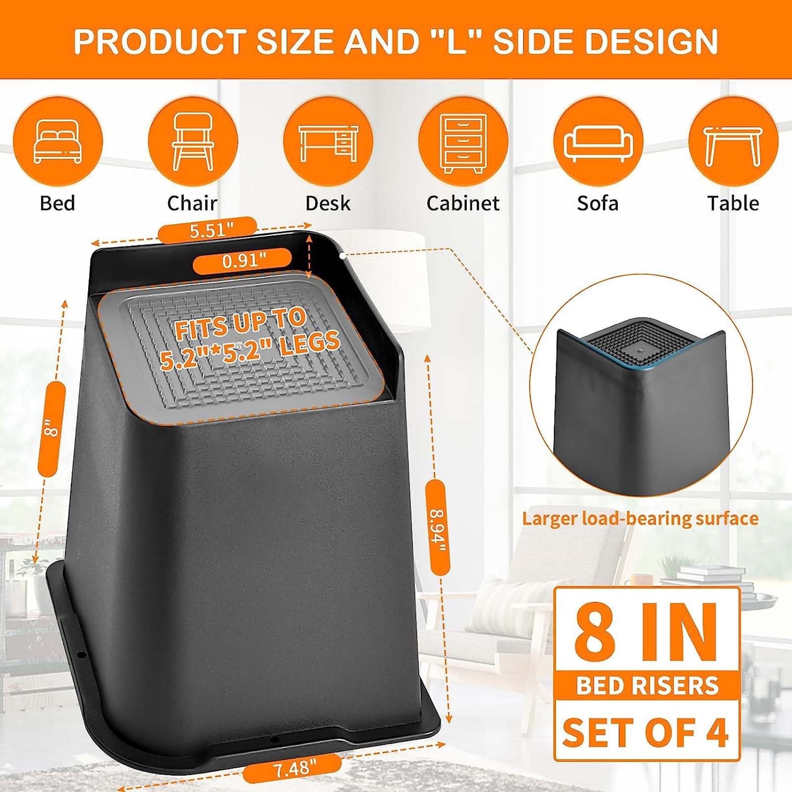 Dokeno Lot de 4 Rehausseurs Meubles, Carrés Rehausseurs de Lit Robustes de 10/15/20cm, Jusqu'à 2721,6kg en Forme de L, Hauteur de Levage pour Canapé, Chaise, Bureau, Table, Bibliothèque, Noir (8 Zoll)