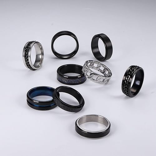 Miniatura 3 de JeryWe Juego de 9 anillos de acero inoxidable para hombre, anillos de cadena trenzados, abridor de cerveza, giratorios, vintage, para hombre, negro,