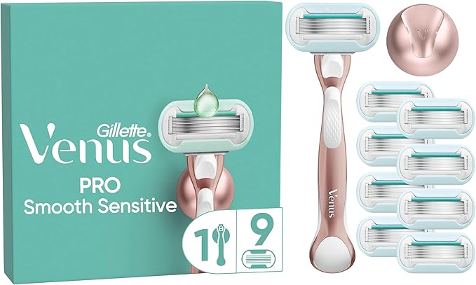 Gillette Venus Deluxe RASOIO DONNA Smooth Sensitive, 1 Manico e 9 LAMETTE DONNA da 5 Lame, Rasatura Veloce, Efficace e Profonda, Skin Cushion, idea regalo