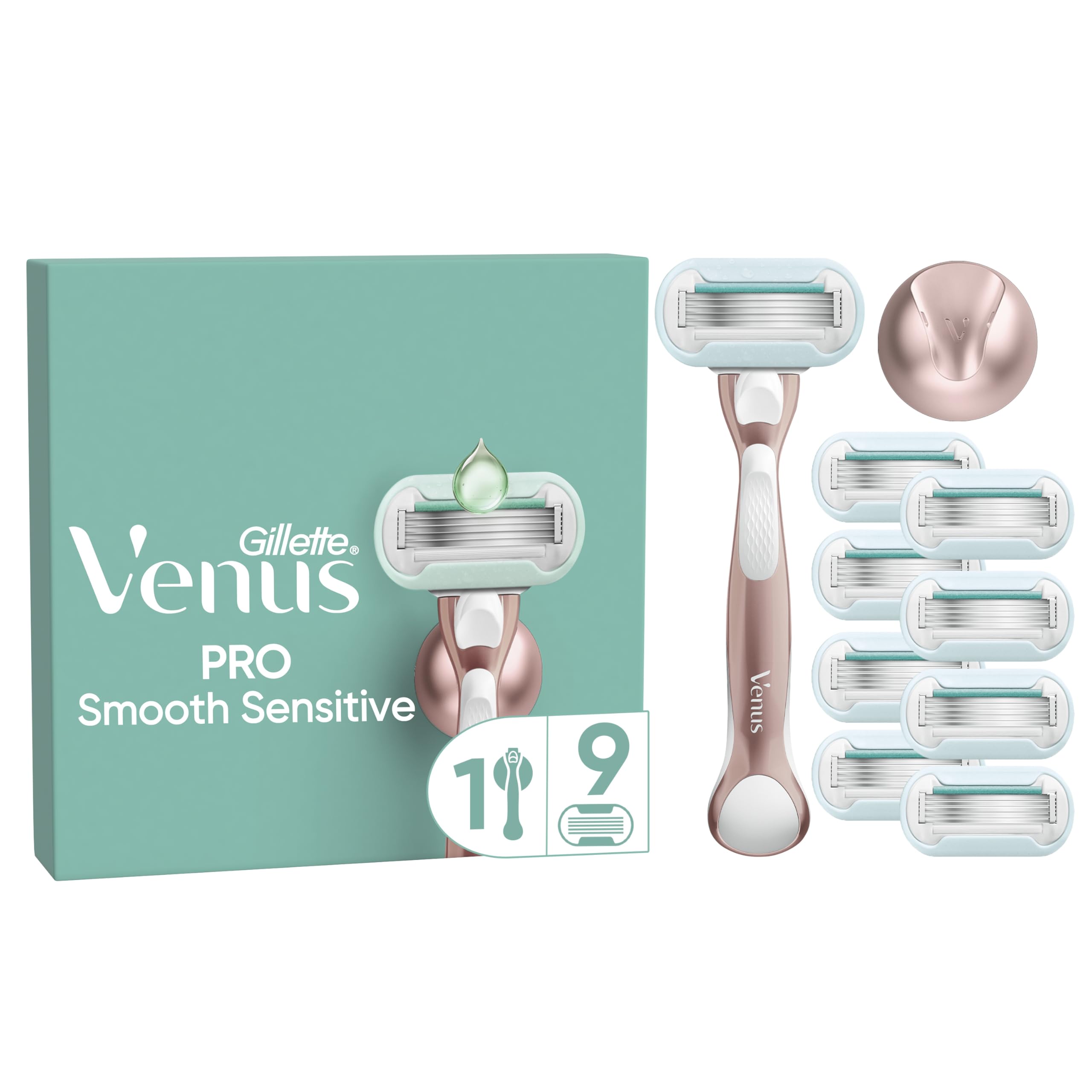 Gillette Venus Pro Smooth Sensitive Rasierer Damen für Empfindliche Haut — Inkl. 9 Ersatzklingen für Nassrasierer, Langlebiges Metallhandstück und Duschhalterung — Rosegold
