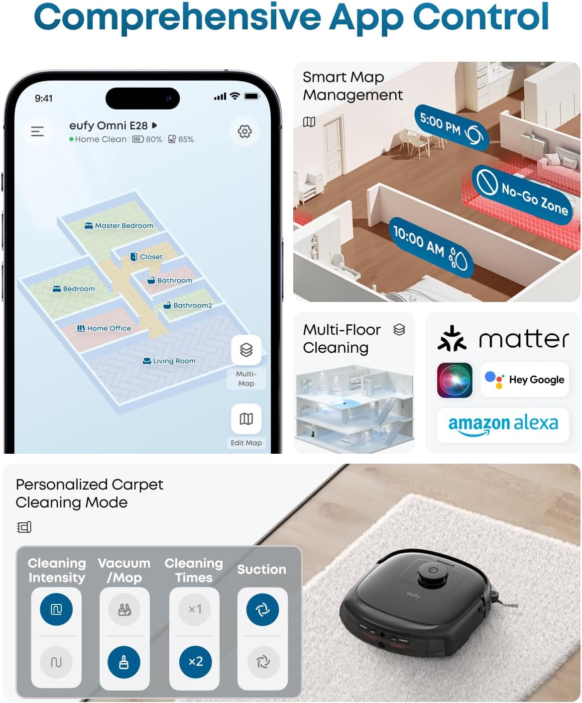 Screenshot of the eufy app showing smart map management, multi-floor cleaning, and personalized carpet cleaning mode settings, alongside icons for Matter, Hey Google, and Amazon Alexa.