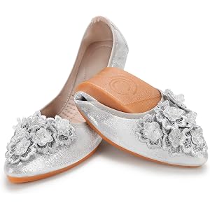 KUNWFNIX Women's Ballet Flats Foldable Classic Crown Rhinestone Slip On Flowers PU Leather Pointed Toe Comfort Flat Casual Dress Shoes 10 #02-silver