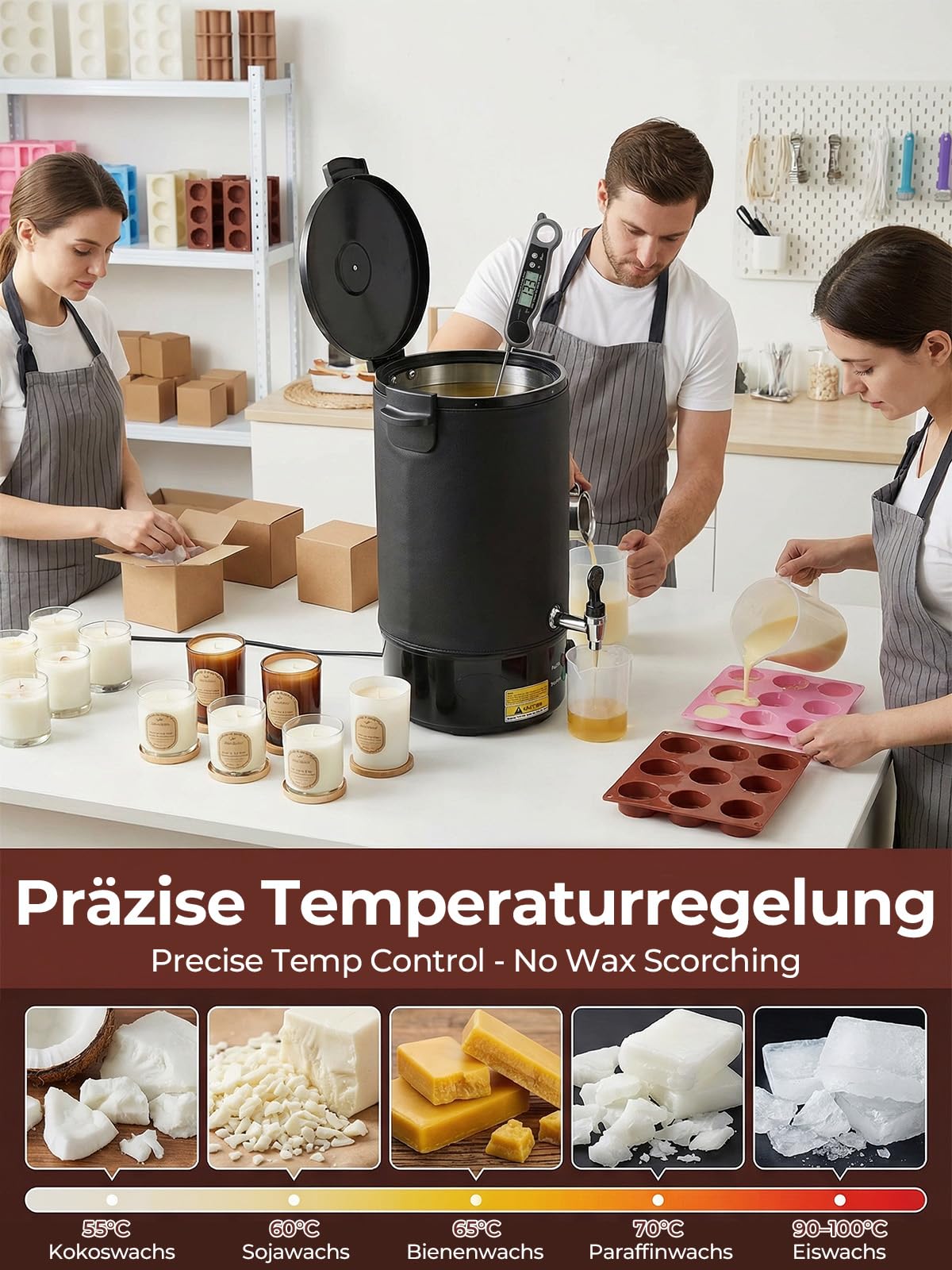 FOHERE Wachsschmelztopf, Kerzen Selber Machen Set, 1520W Edelstahl Kerzenherstellung Kit Komplettset mit Lederhülle & 28cm Reinigungsspatel für Sojawachs Bienenwachs DIY Duftkerzen Geschenke