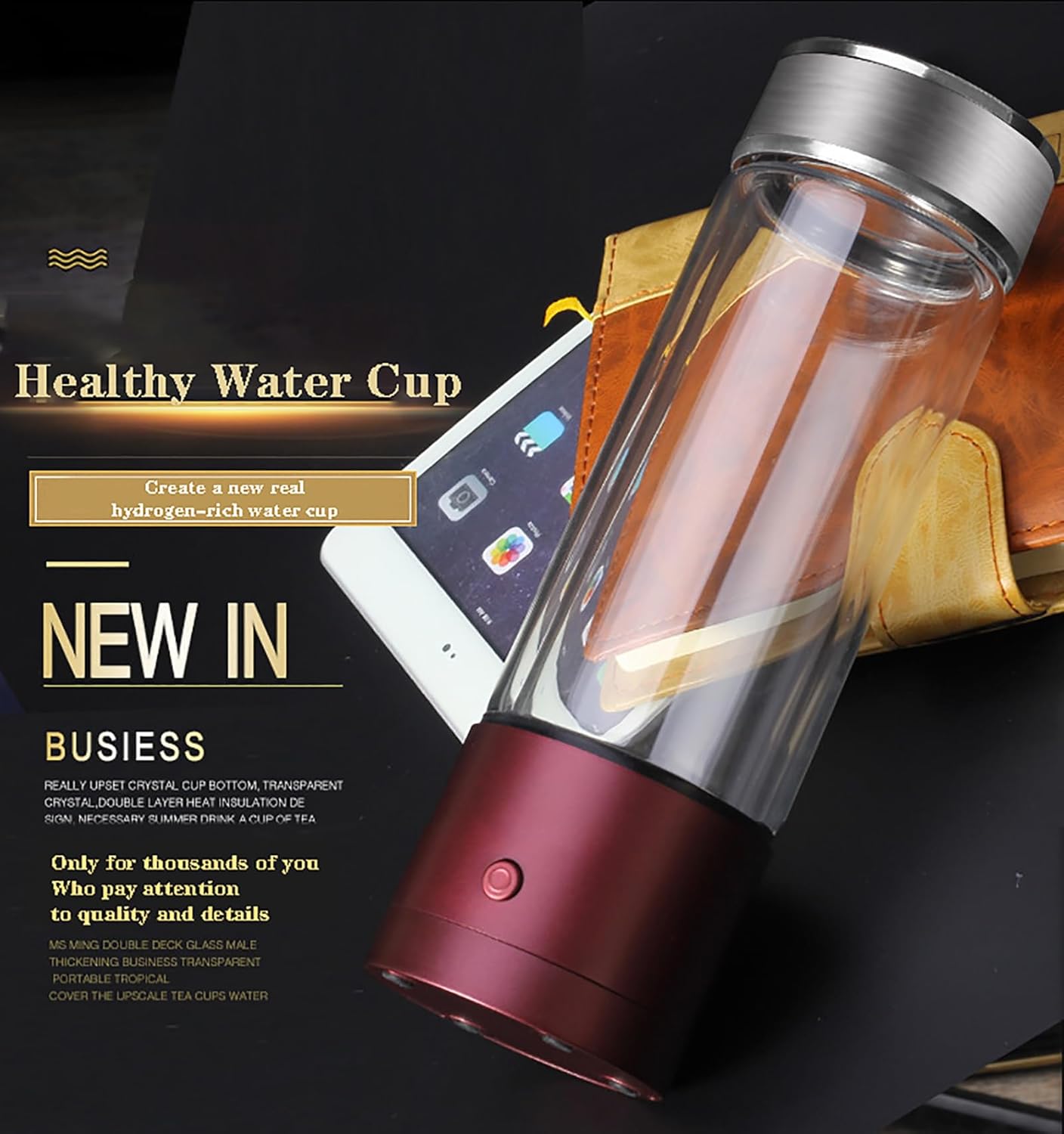 Hydrogen Rich Water Glass, 3 Minutes Electrolyzed Portable Rechargeable Hydrogen Rich Water Cup, for Home Travel Office Health Preserving 350ml