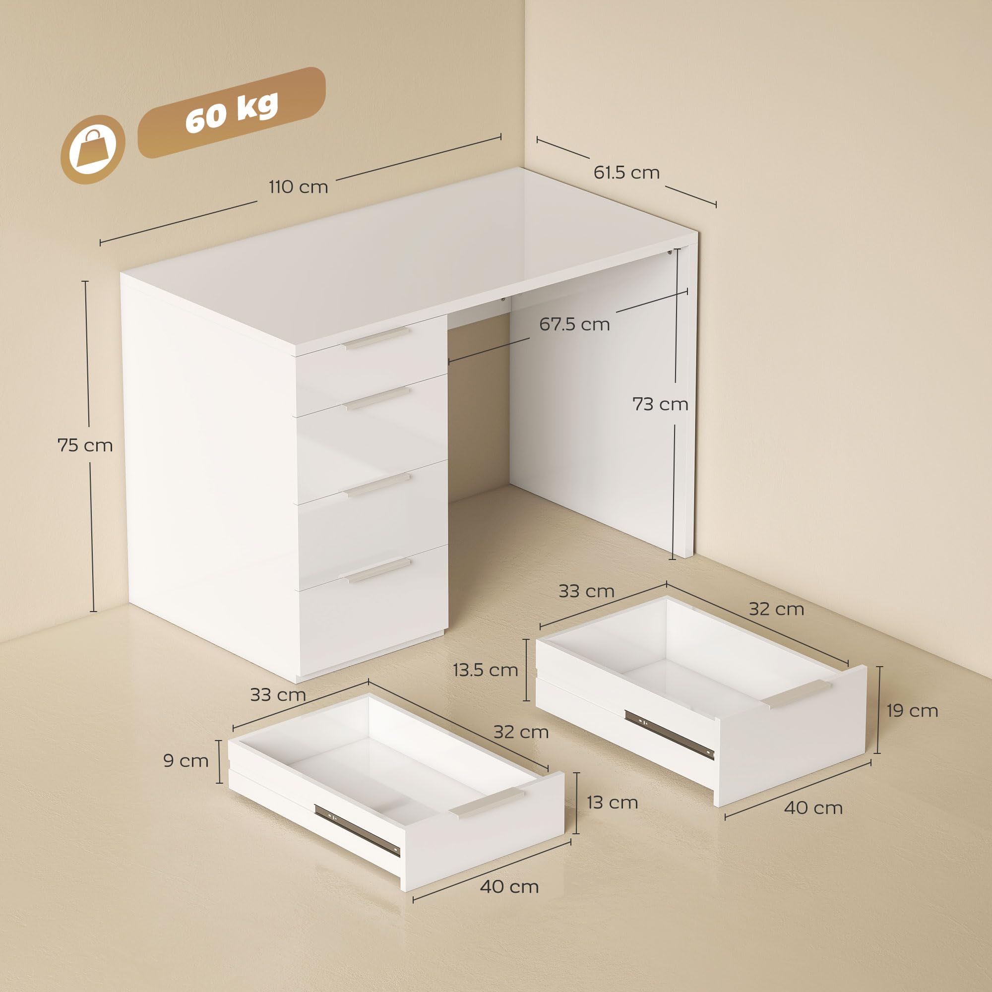 HOMCOM Scrivania Salvaspazio con 4 Cassetti 110x61.5x75 cm Bianco Lucido | Scrivania Moderna, Tavolo Computer, per Casa Studio Camera Ufficio