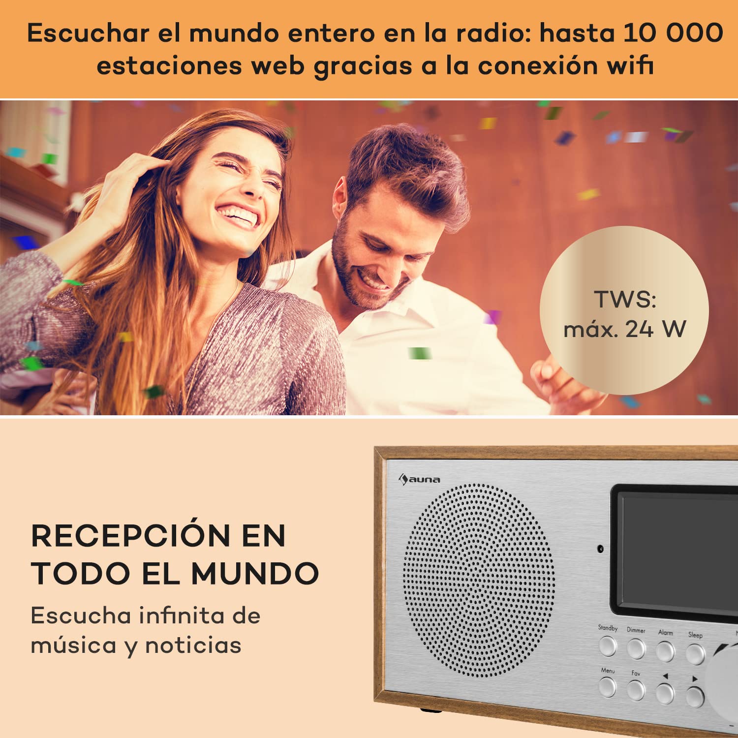 Auna Radio Portatil Pequeña, Digital con Bluetooth Recargable, Transistores Radio FM Pequeños Dab/Dab+, Altavoces Estéreo con Pantalla HCC, Streaming, con Despertador, y 5h de Duración, Mini Radio