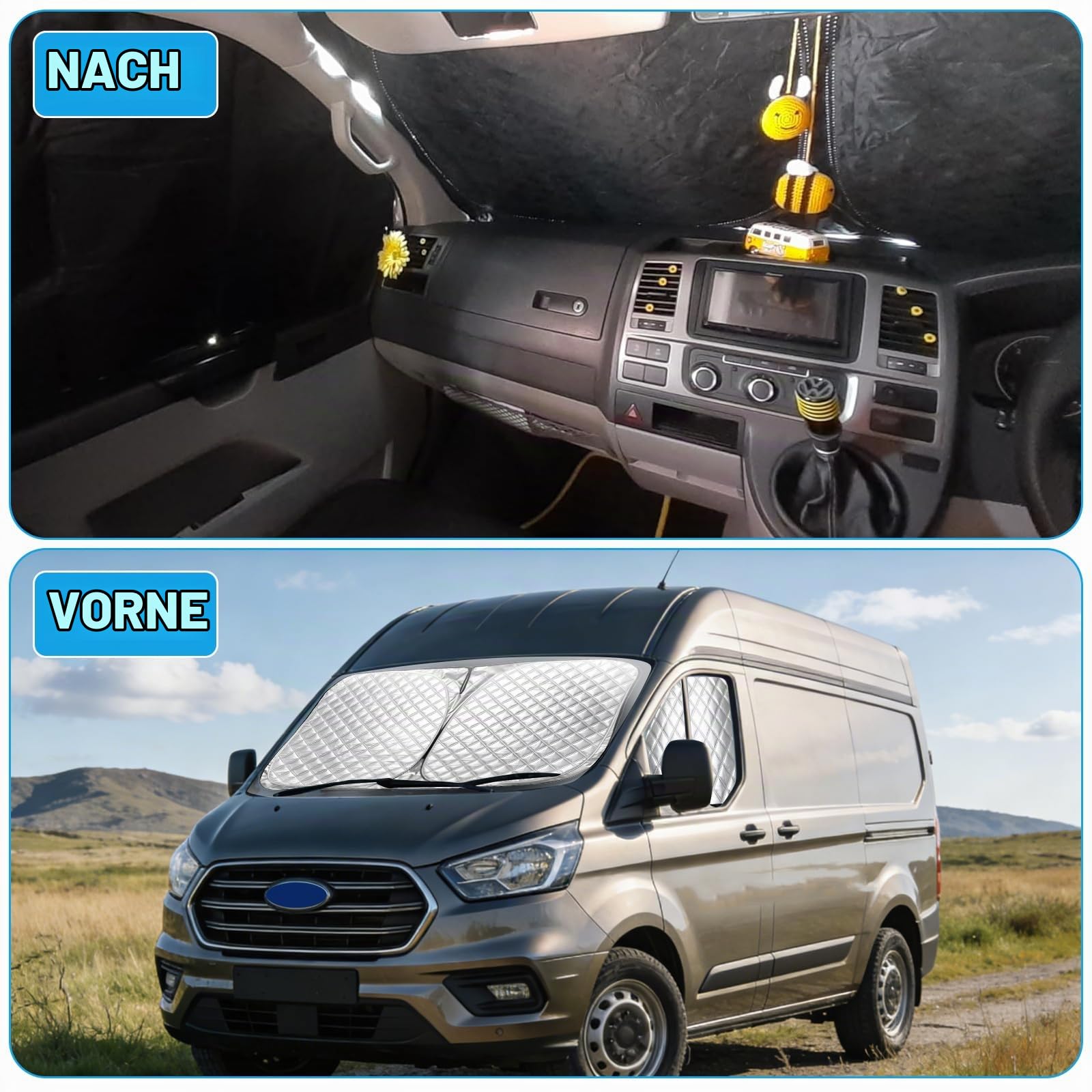 Thermomatte Fahrerhaus Innen für 2012-2022 Ford Transit Custom Tourneo Custom, 3 Stück Faltbare Isolierte Sonnenschutz Frontscheibe Innen für Wohnmobil Privatsphäre & Blockiert UV Strahlen