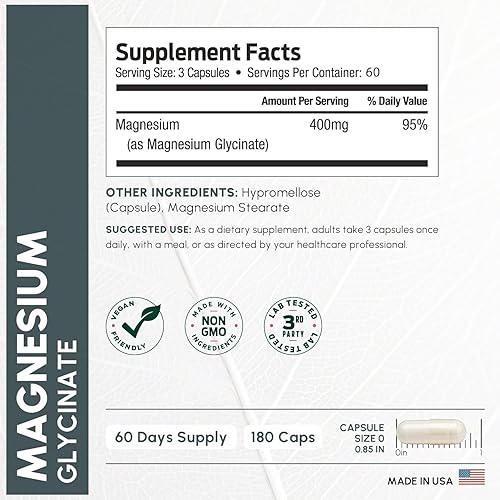 Miniatura 3 de Pure Magnesium Glycinate 400mg Serving - High Absorption Magnesium Glycinate - Mag Bisglycinate for Stress, Bones, Muscles, Nerves, Relaxation &
