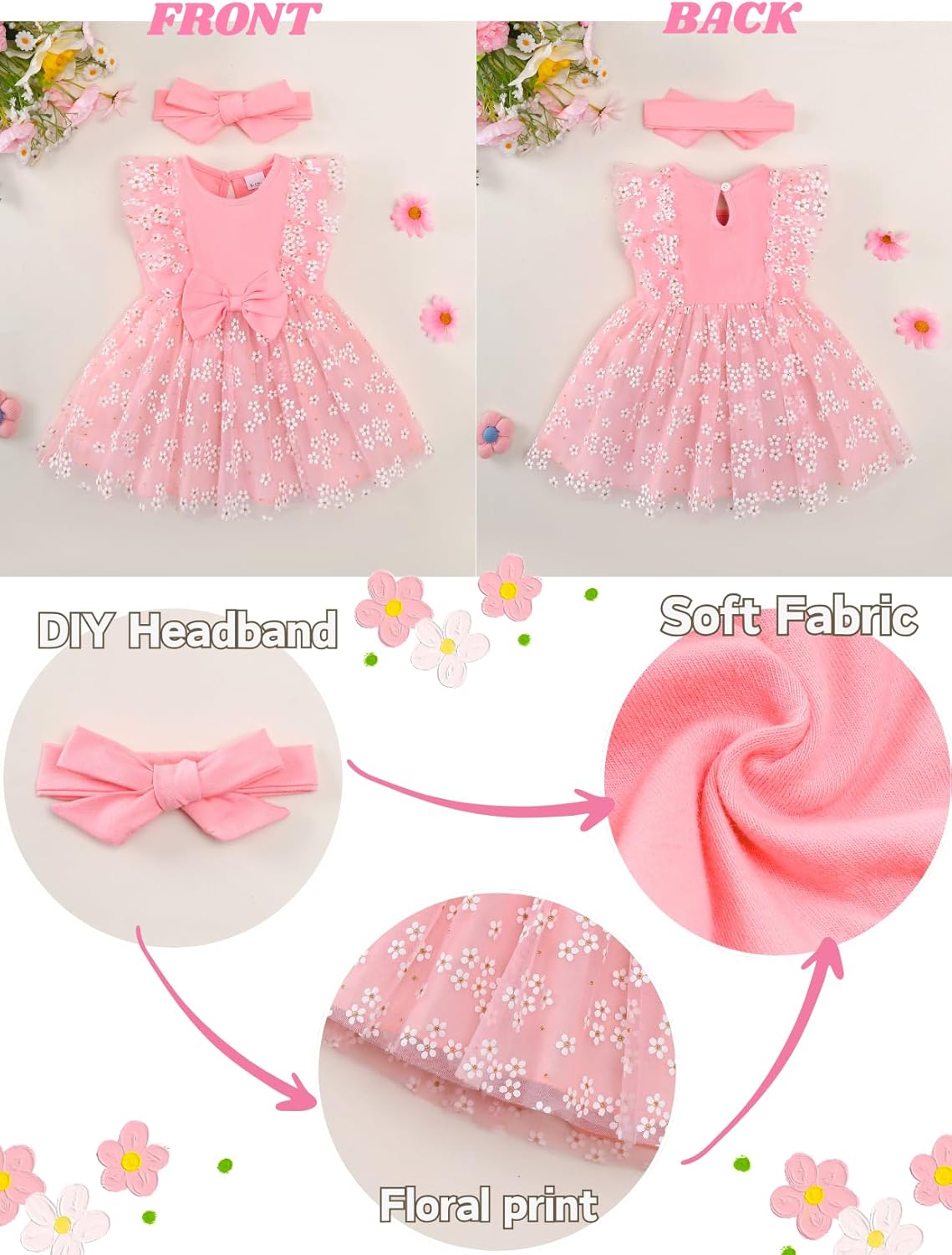 Renotemy Baby Girl Flower Dress Summer, Tutu Tulle Boho Princess Wedding Birthday Party Dresses for Infant Girls 0-18 Months - Image 5