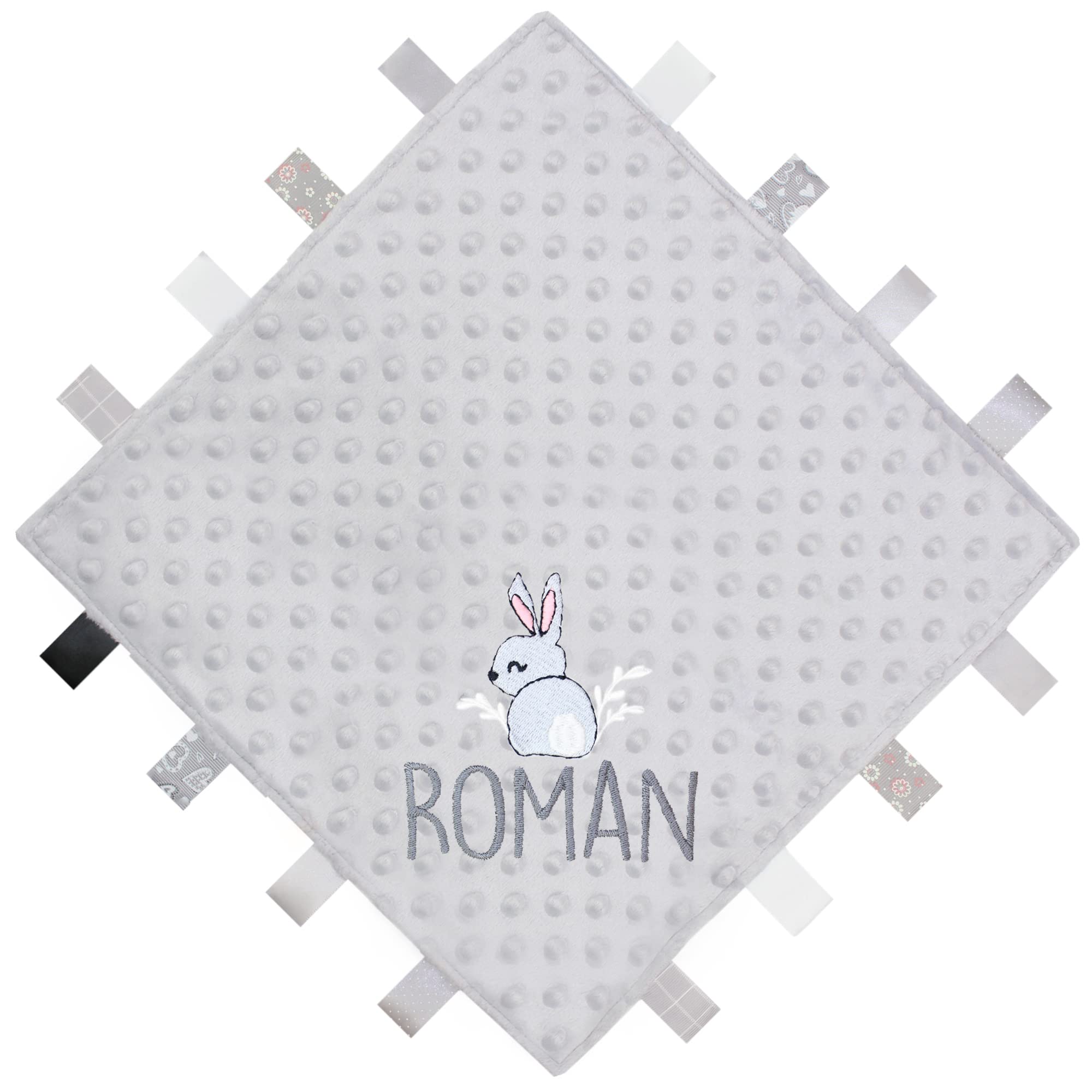 TeddyT's Personalised Bunny Rabbit Baby Taggy Blanket Comforter Gift (Grey)