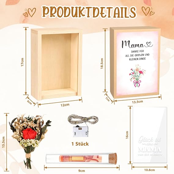 TUZELIYA Mum Gift Box LED Fairy Lights Test Tube Birthday Gift for Mothers Money Gift Wooden Box with Engraving Glück ist elne Mama wo dich zu haber Thank You Gift Mother's Day