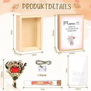 TUZELIYA Mum Gift Box LED Fairy Lights Test Tube Birthday Gift for Mothers Money Gift Wooden Box with Engraving Glück ist elne Mama wo dich zu haber Thank You Gift Mother's Day
