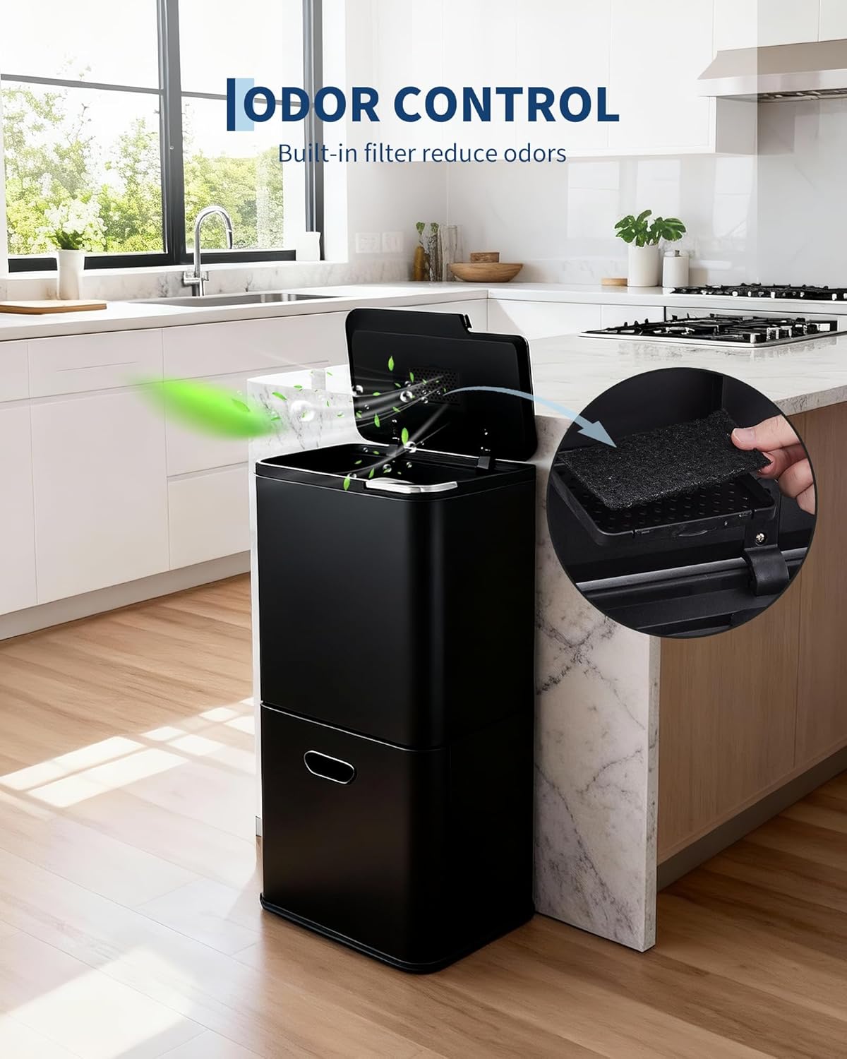 Garvee 16 Gal Dual Trash Can for Kitchen, 2 Compartment (33l + 28l) Garbage Can with Compost Bin, Stainless Steel Trash and Recycle Bin Combo with Removable Inner Bucket, Odor Control, Black