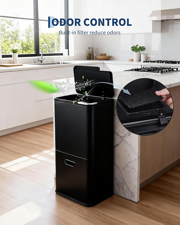 16 Gal Dual Trash Can for Kitchen - 2 Compartment Stainless Steel Garbage Can & Recycle Bin Combo with Compost Bin, Odor Control & Removable Inner Bucket, Silver by EliteEdge - Image 3