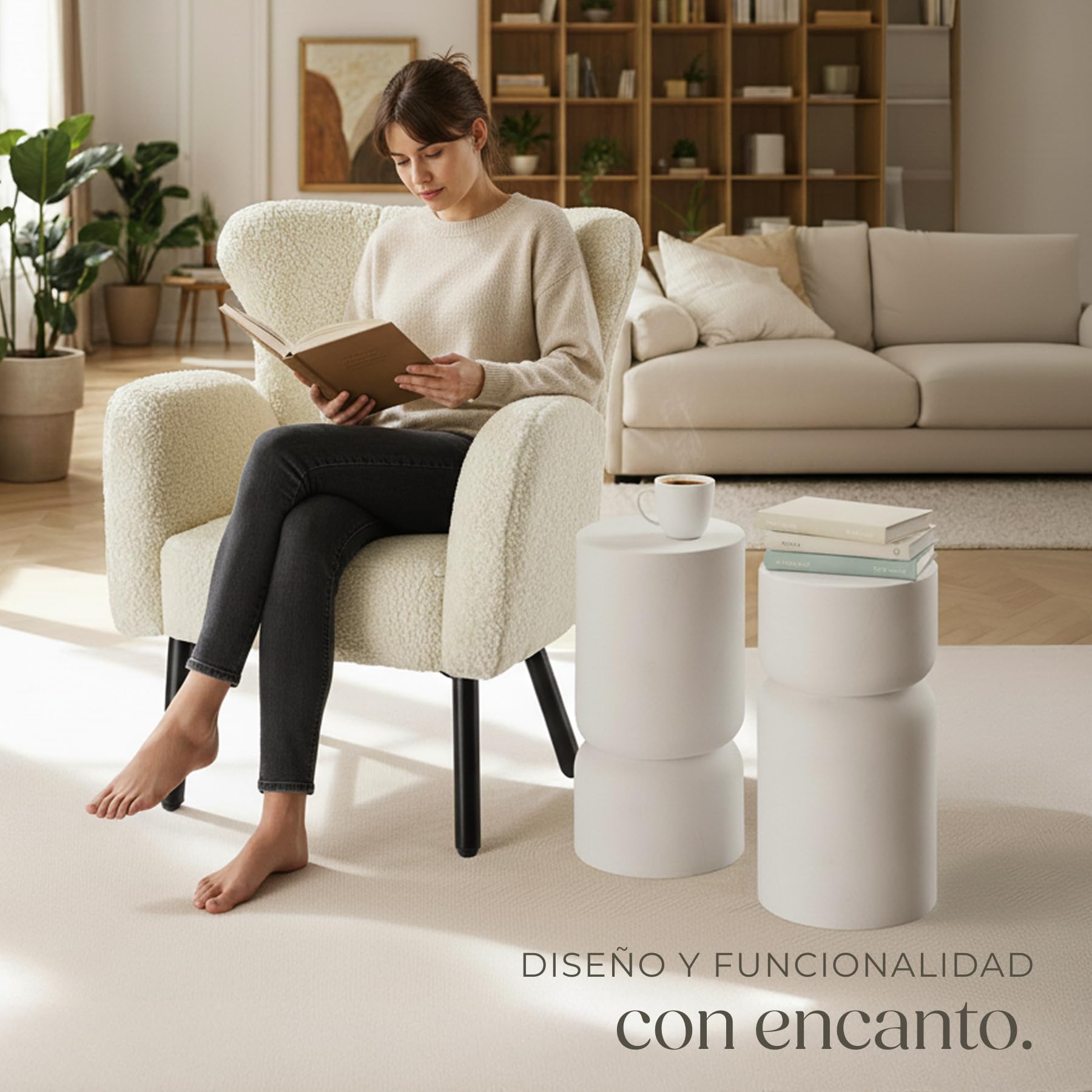 tectake® Mesas Auxiliares Modernas, Diseño Robusto Curvilíneo, Mesa Redonda Comedor, Resistente a la Intemperie, Salon, Protectores Antideslizantes, Mesa de Sofa - Blanco