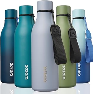 BJPKPK Insulated Water Bottles, 18 oz Stainless Steel Metal Water Bottle with Strap, BPA Free Leak Proof Thermo, Mugs, Flasks, Reusable Thermo for Sports & Travel, Mist Grey