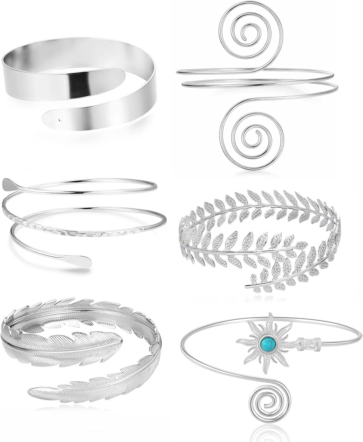 PLOMFOV 6 Pcs Arm Cuff Jewelry for Women Gold Upper Arm Bands Bangle Silver Arm Cuffs Bracelet Adjustable Armlet Set