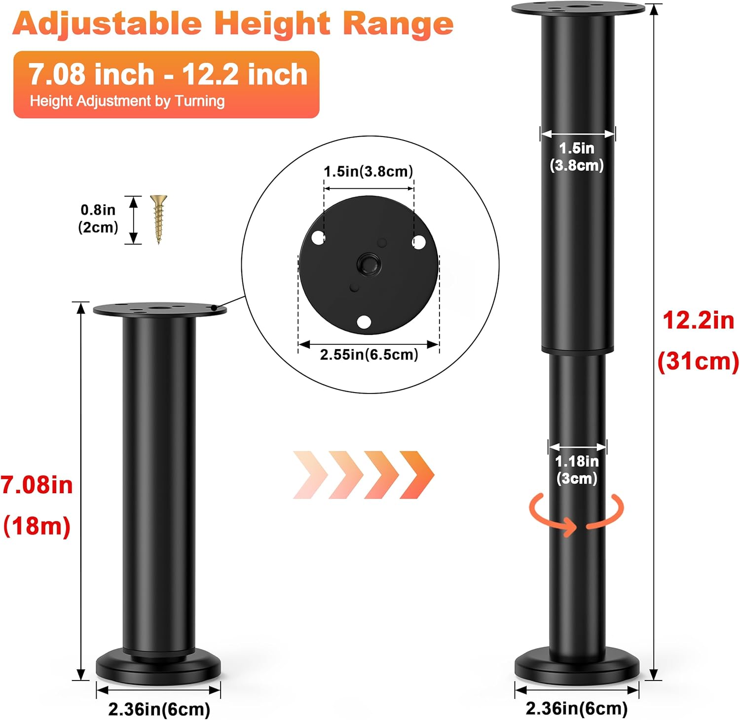 Wlrrcwdttc 4 Pcs Adjustable Bed Center Support Legs 7.08-12.2 inch for Bed Frame/Bed Center Slat, Metal Adjustable Furniture Legs for Bed/Cabinet/Sofa/Dresser/Couch/Table, Heavy Bed Legs Replacement