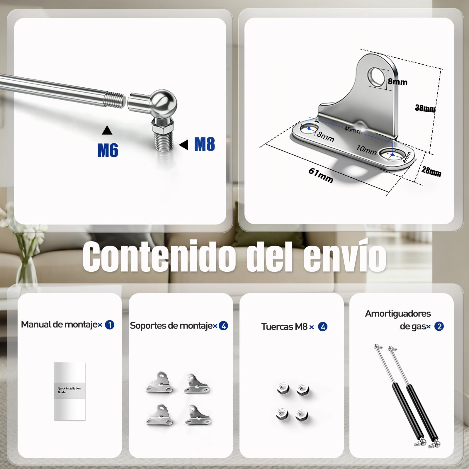 ARANA muelles de gas amortiguadores 430mm 534N/54KG con soporte, 2ud | 43cm Muelle de gas con soporte hidráulico para tapas, autocaravanas, cubos, ventanas y escotillas.