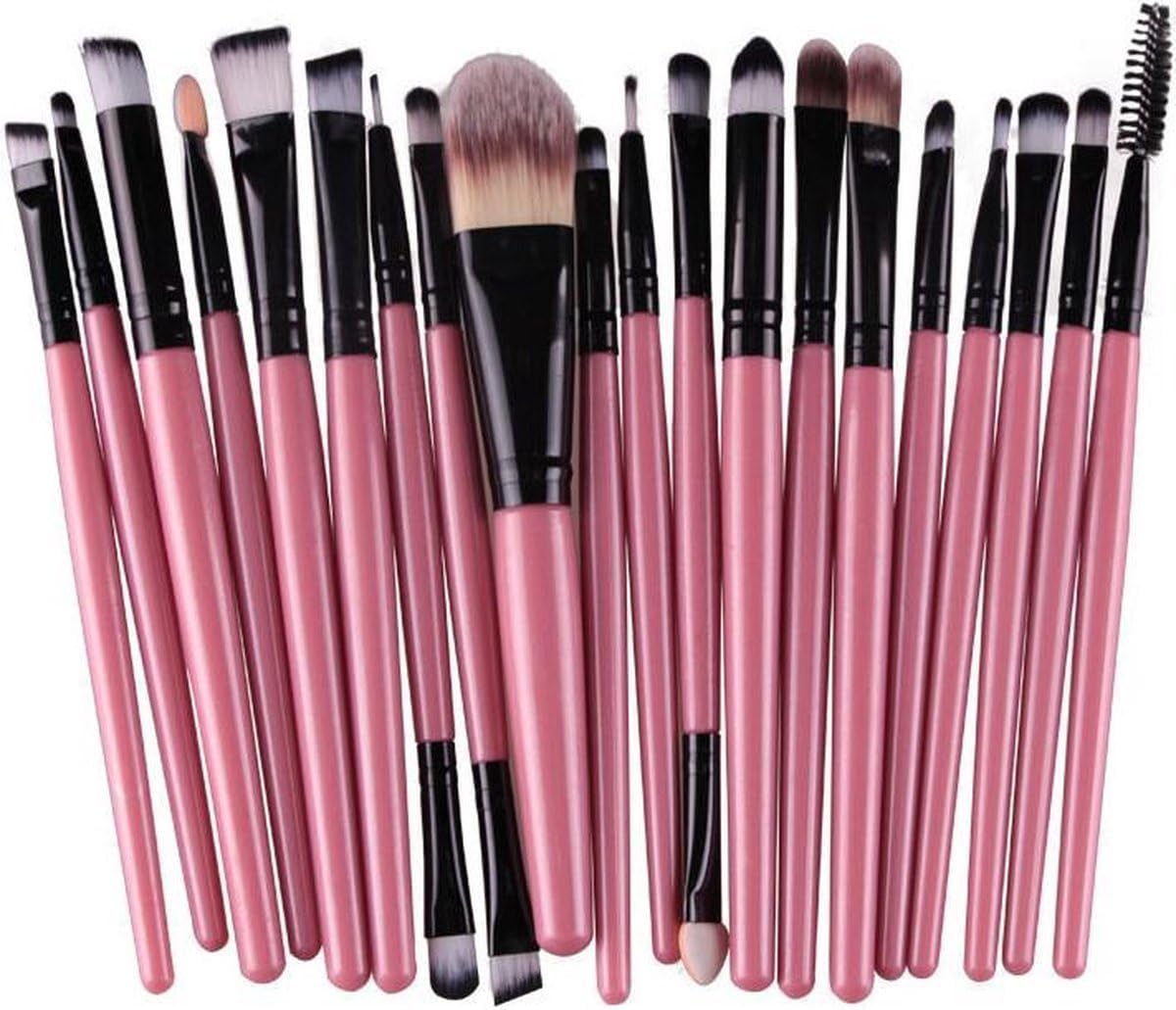 Jumada’s – 20-delige Make-Up Kwasten Set – Roze/Zwart – Oogschaduw, Foundation, Poeder, Eyeliner, Wimper, Lip – Cosmetische Beauty Tool Kit – Hot