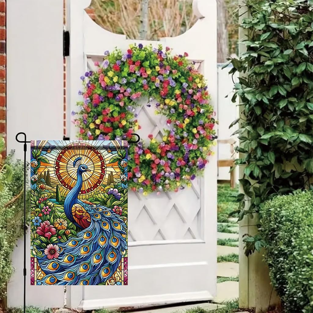 Peacock Garden Flag 12x18 Inch Double Sided Outdoor Yard Banner Colorful Stained Glass Peacock Design Floral Pattern Decorative Flag for Spring Summer Garden Home Decor - Image 8