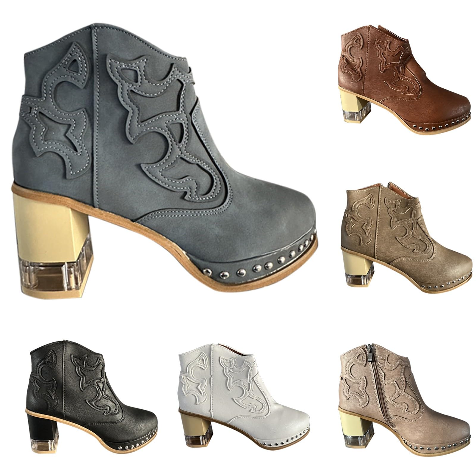 Botas bordadas de mujer con marco cosido acrílico cristal alto botines de tacón de piel zapatos de mujer