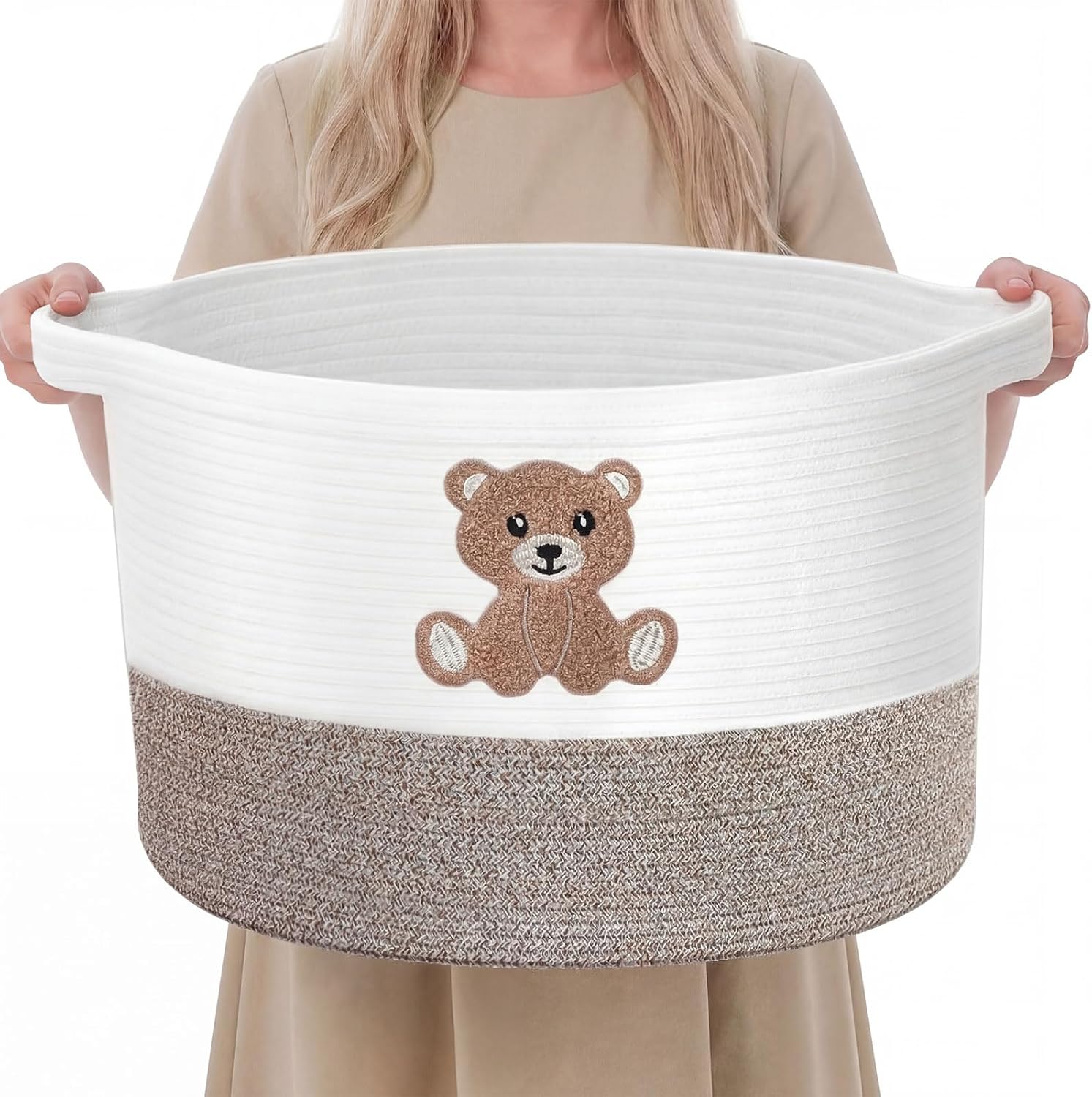 LemonRoad Extra Large Basket 20"x14", Woven Baby Laundry Blanket Basket Toy Box with Handle Storage, Blanket Storage for Living Room Nursery Pillows Chest(Cotton Rope,Cute Bear,Brown)