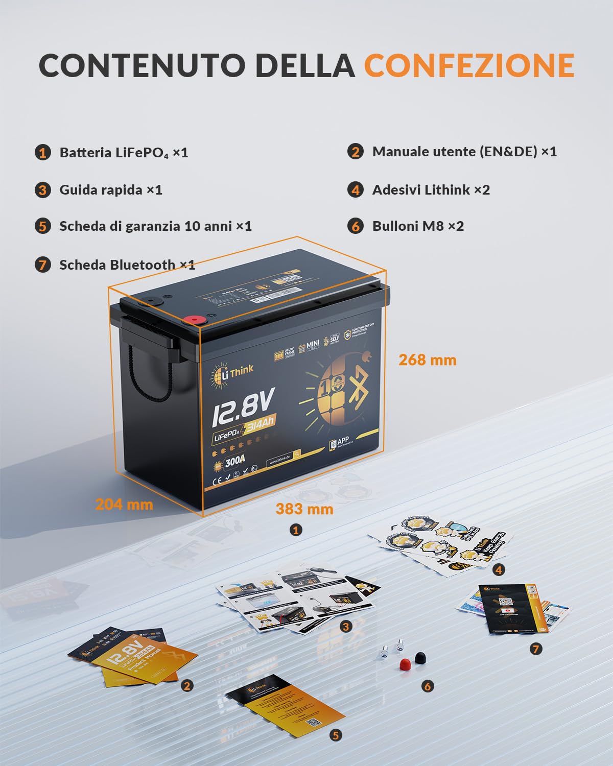 Batteria Litio LiFePO4 12V 314Ah Mini Pro con Bluetooth, Certificata ECE R10, BMS Integrato da 300A, Protezione a Bassa Temperatura, Perfetta per RV, Impianti Solari, Barche, Motori Trolling